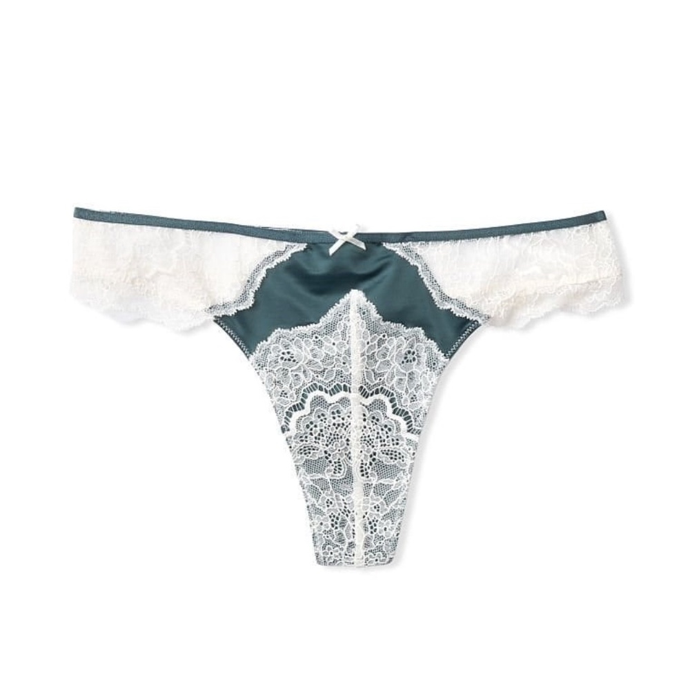Rare – Lace Trim & Mesh Back Thong – Dark Green & White/Cream – XL
